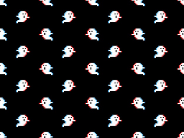 Ghost cartoon character seamless pattern on black background Pixel style