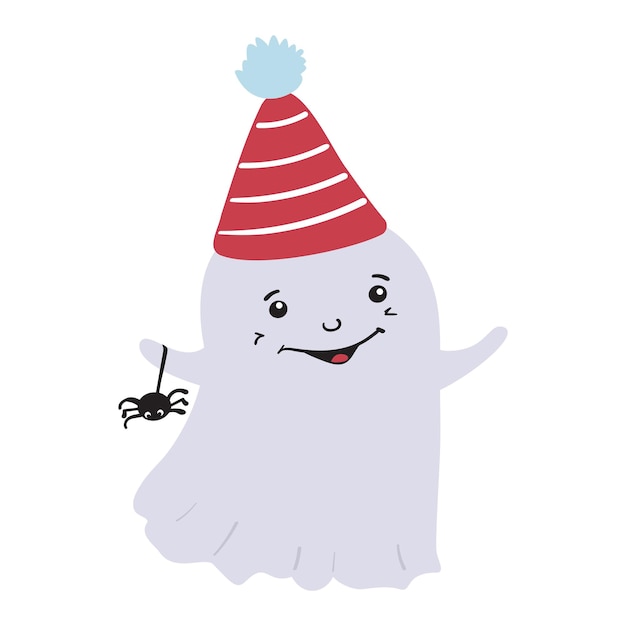 Ghost in festive cap cartoon illustration isolated