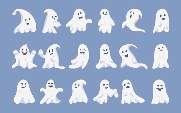 Ghost flat cartoon set. creepy funny cute ghostly halloween monsters. silhouette with face, symbol holiday october