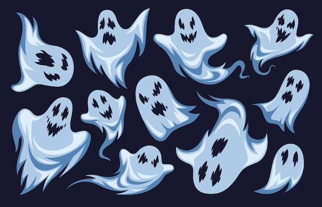 Vettore fantasma. personaggi delle vacanze di notte di halloween. creepy divertenti spaventosi fantasmi spettrali boo, misteriosi mostri bianchi silhouette di set di creature