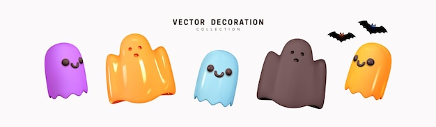 Ghost for Halloween. Set of multi-colored Ghosts with scary and evil emotions on their faces. Creative concept idea. Realistic 3d design. Traditional elements of decor for holiday. Vector illustration