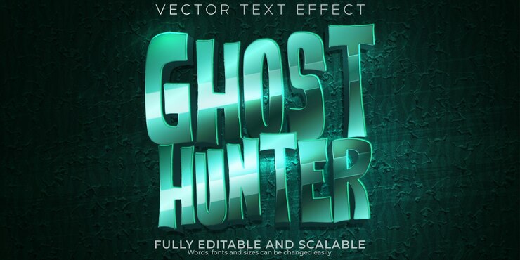 Vector 고스트 헌터 텍스트 효과 편집 가능한 공포 및 무서운 텍스트 스타일