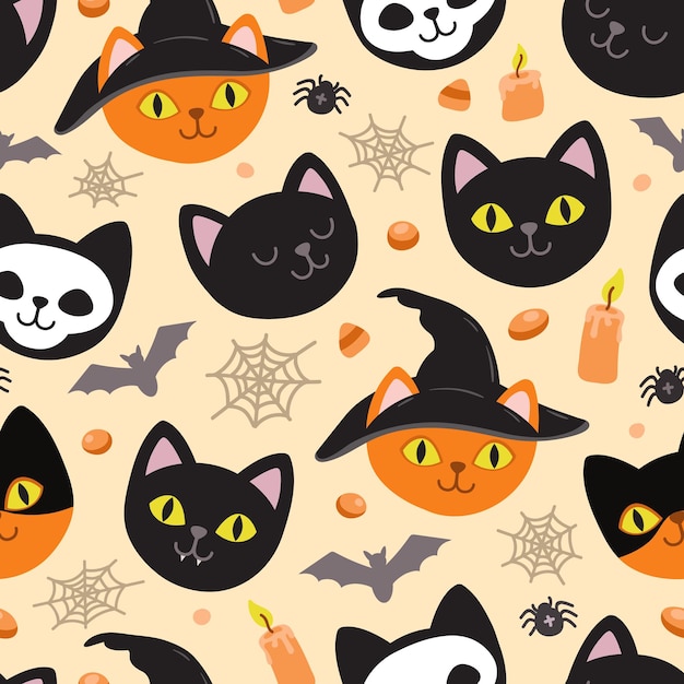 Ghost kat patroon Spooky halloween kittens gezichten horror dieren en schattige hekserij katten naadloze vectorillustratie