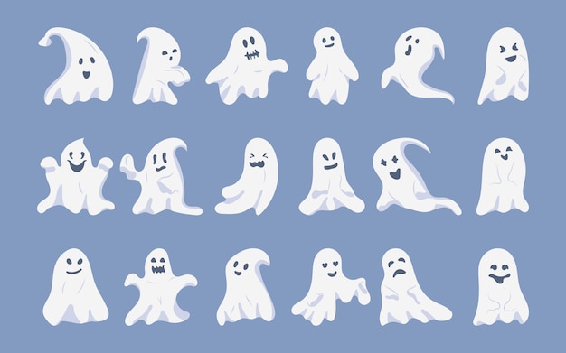 Ghost platte cartoon set. Griezelig grappige schattige spookachtige Halloween monsters. Silhouet met gezicht, symbool vakantie oktober