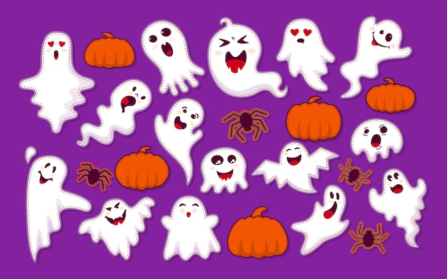 Ghost, pompoen, spider patch cartoon set. Halloween collectie schattige enge spookachtige monsters