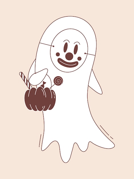 Vector ghost wearing a clown mask with pumpkin basket full of candies halloween ghost character in groovy