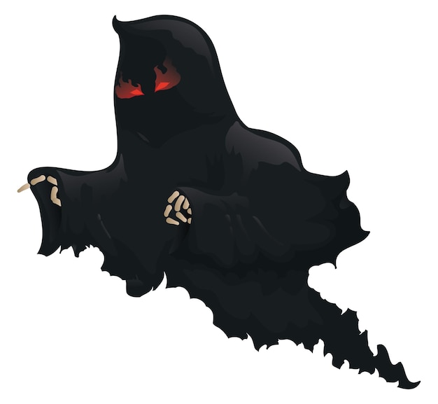 Ghost wearing a dark cape flaming eyes and bony hands over white background