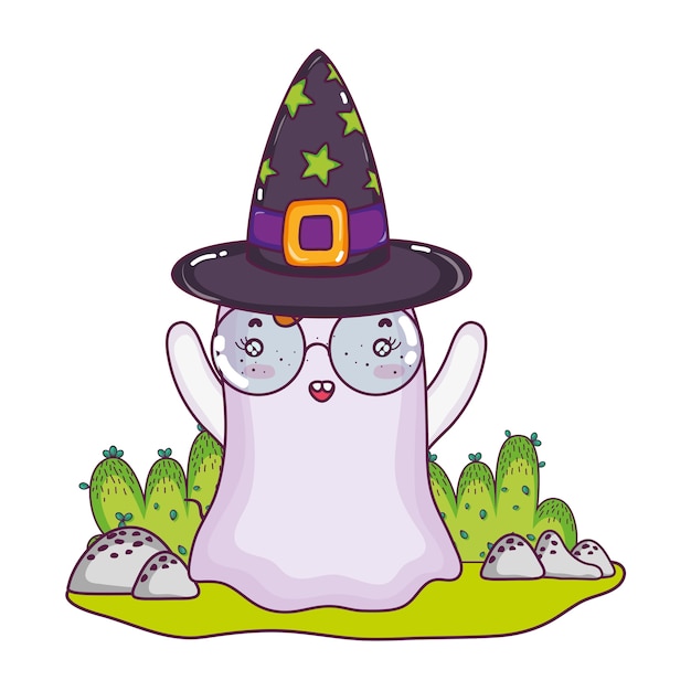 Ghost wearing glasses with witch hat in the landscape