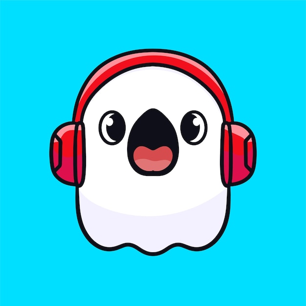 Ghost Wearing Headphone Cartoon Mascot Vector Design Flat Cute Smile Expression