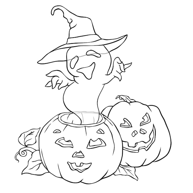 Ghost with hat and pumpkins halloween coloring page