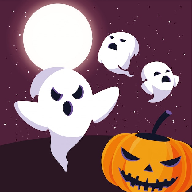 Vector ghost with moon in scene of halloween