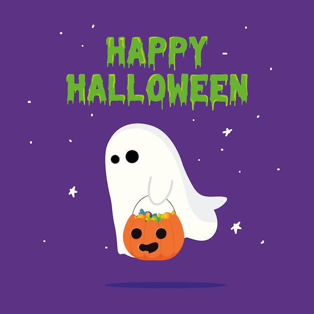 Ghost with a pumpkin happy halloween poster vector illustration