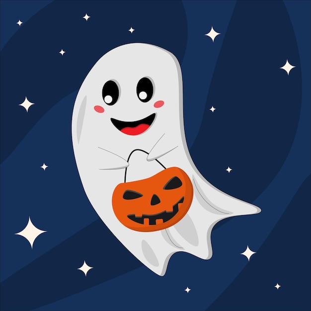 Ghost with pumpkin and sweets halloween cute ghost cartoon style isolated on blue background ve