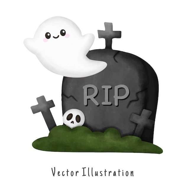 Призрак с могилой хэллоуин векторная акварельная иллюстрация
