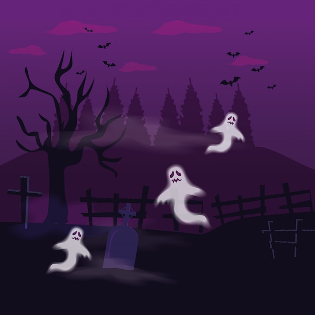 Вектор Призраки тайны с гробницей в сцене хэллоуин иллюстрации