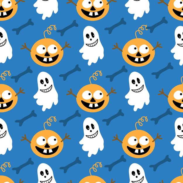 Ghosts and pumpkins on a blue background the pattern is simple