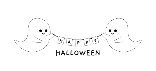 Ghosts streamer Happy Halloween coloring page Black and white ghost Vector