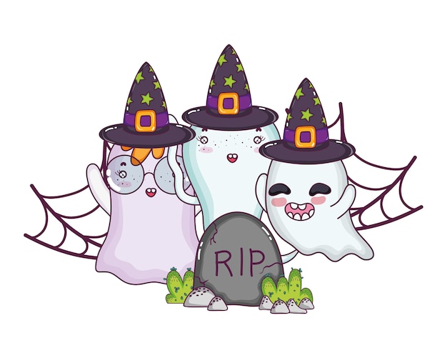 Ghosts with witch hat in the spiderweb and rip