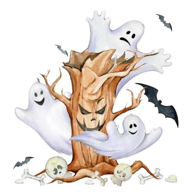 고립 된 배경에 만화 스타일의 할로윈 휴가를위한 유령 나무 박쥐 두개골 뼈 수채화 클립 아트