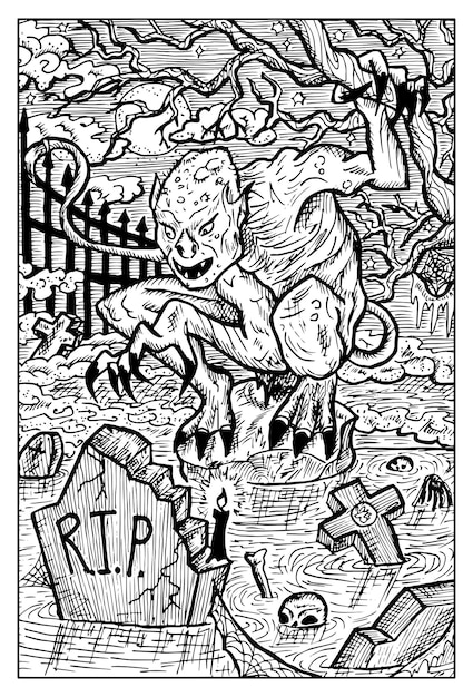 Vector ghoul cemetery vampire engraved fantasy illustration