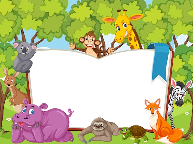 Giant blank book with wild animals in the forest