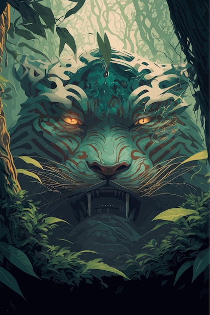 A giant demon tiger stone sculpture in the enchanted forest. Japanese anime cartoon, digital art.