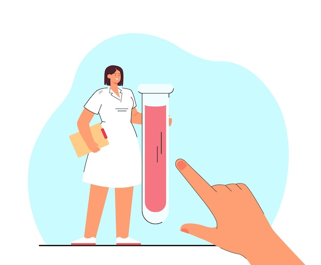 Vector giant finger pointing at nurse holding huge glass test tube. scientist making cure or medication for disease flat vector illustration. medicine, health, pharmacy concept for banner or landing web page