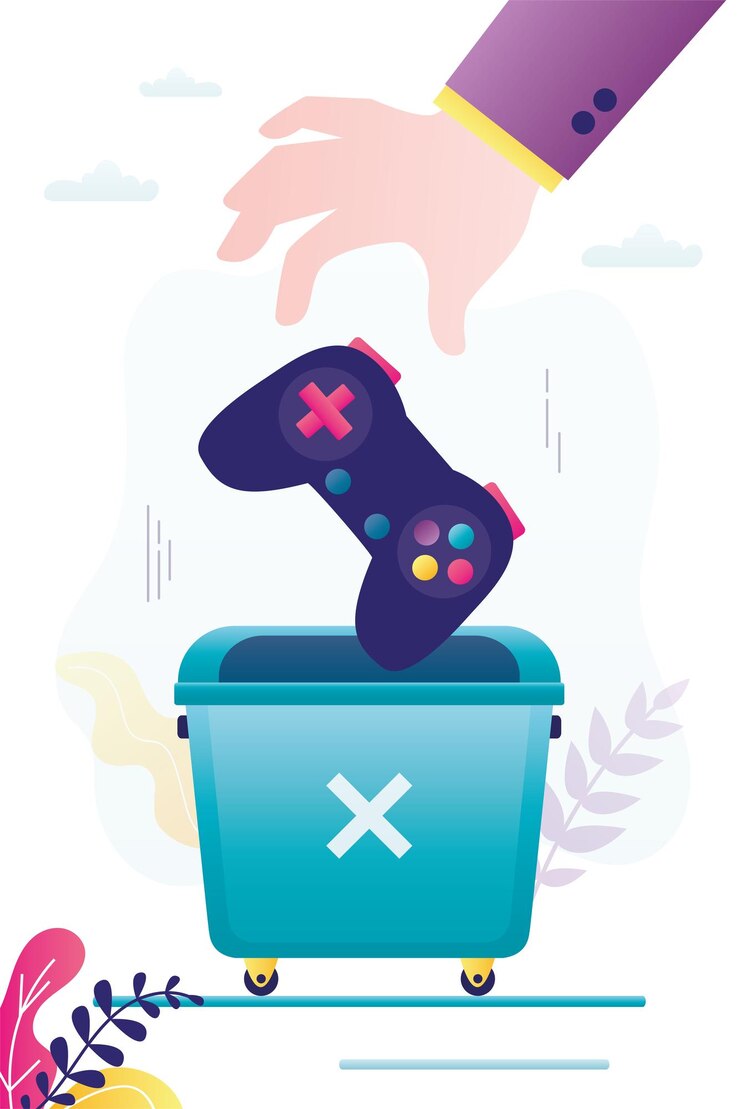 Vector giant gamer hand throw game joystick into trash can stop egaming overcoming gambling addiction