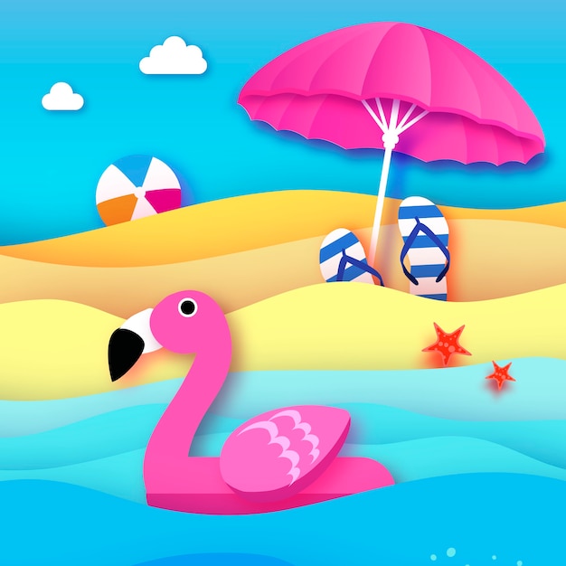 Fenicottero rosa gonfiabile gigante in stile carta tagliata ombrellone da spiaggia origami giocattolo galleggiante per piscina sulla spiaggia assolata con sabbia e acqua di mare cristallino beachball flipflop vacanze estive