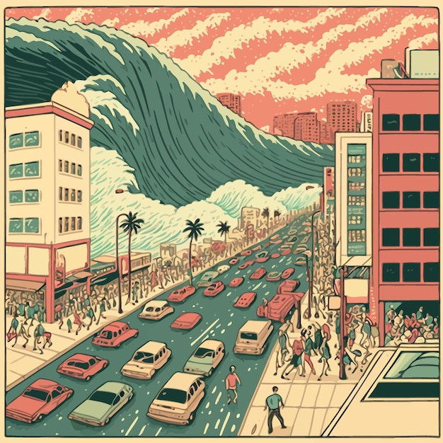 Vector giant marine tsunami destroying a city