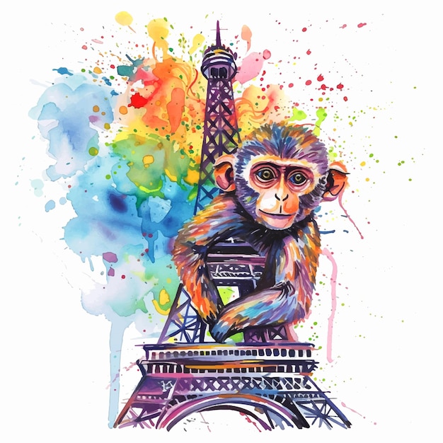 Vector giant monkey in the eiffel tower watercolor paint