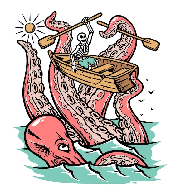 Гигантский осьминог атакует череп в морской иллюстрации
