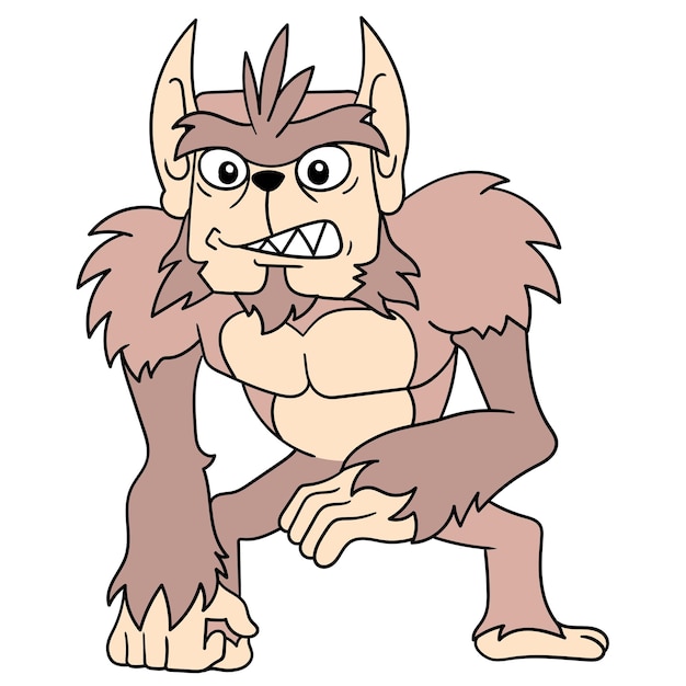 A giant yeti gorilla with thick brown hair with a fierce face, vector illustration art. doodle icon image kawaii.