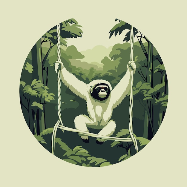 Vector gibbon on a rope swing in the jungle vector illustration