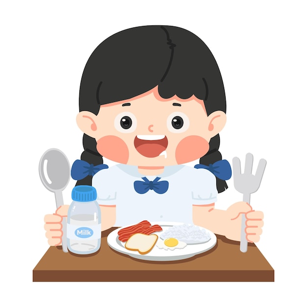 Giel student is sitting at the table eating a meal