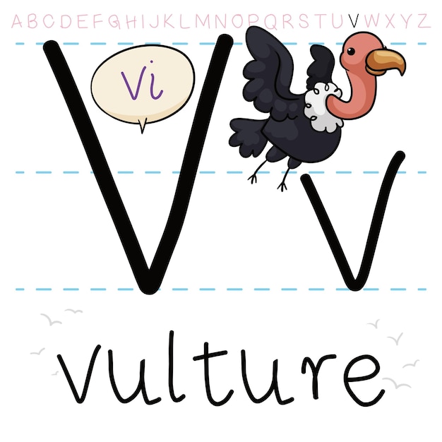 Gier vliegt door de 'V'-letters en leert het alfabet met voorbeeld V is voor Vulture