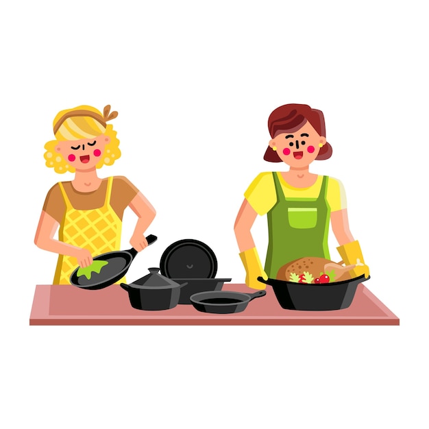 Vector gietijzeren kookgerei voor het koken van lekker eten vector. jonge vrouw wassen gietijzer cook war en meisje koken heerlijke kip met groenten in keukengerei. karakters platte cartoon illustratie