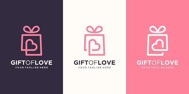 Комбинация логотипа подарка и сердца. уникальный шаблон дизайна-сюрприз и логотипа