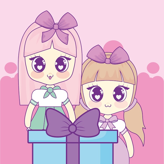 선물 상자와 애니메이션 소녀 아이콘