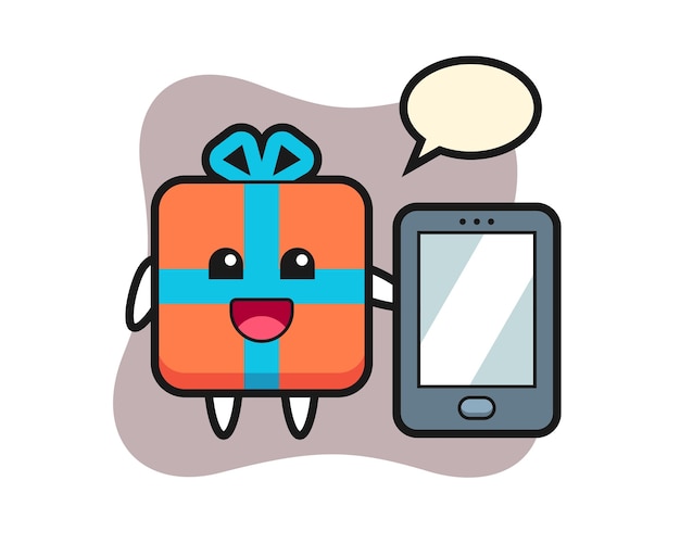 Gift box cartoon holding a smartphone