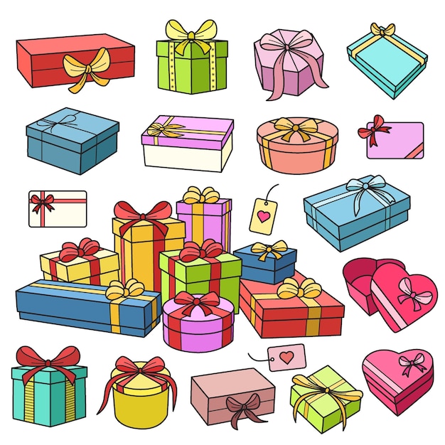 Gift box colorful vector graphics elements doodle set