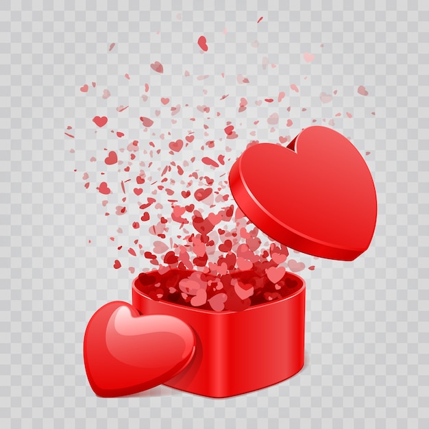 Gift box and hearts confetti isolated on transparent background.