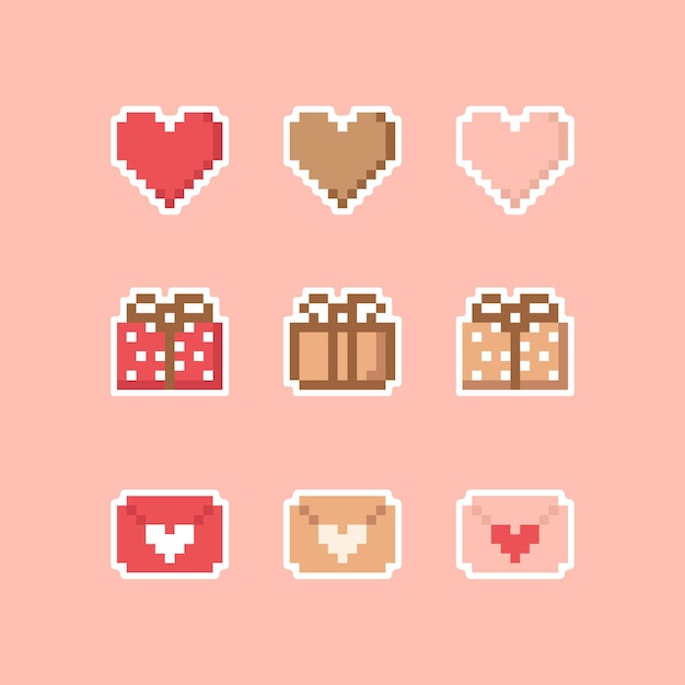 gift box love letter and heart stickers pixel art