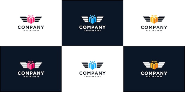 Vector gift box package delivery logo icon with flying wings