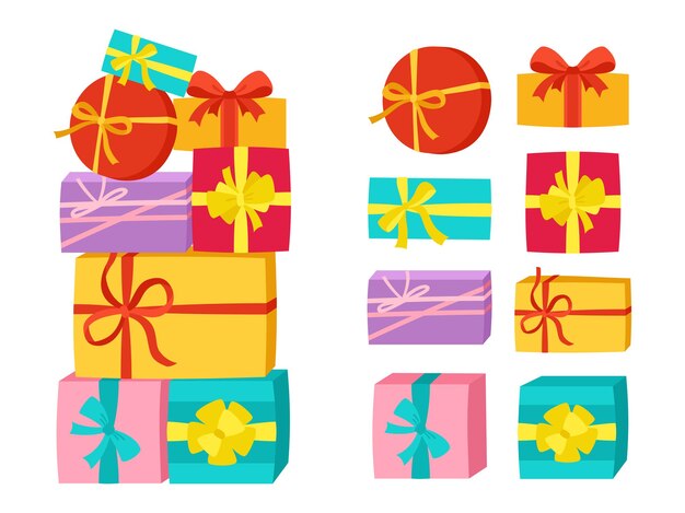Vector gift box pile ribbon birthday party set surprise