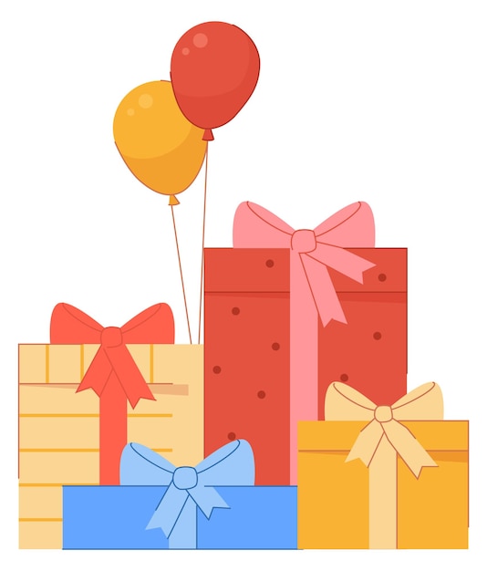 Vector gift box pile with balloons holiday celebration presents