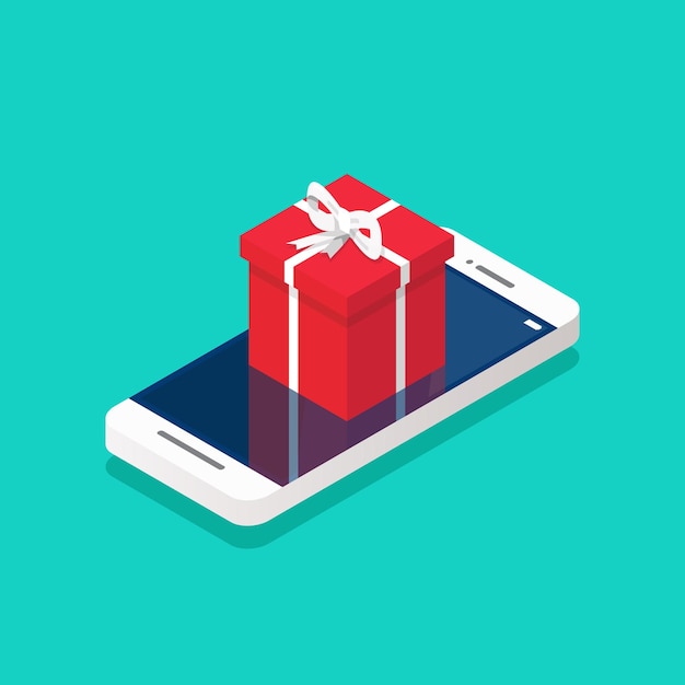 Gift box on the smartphone screen isometric. vector illustration