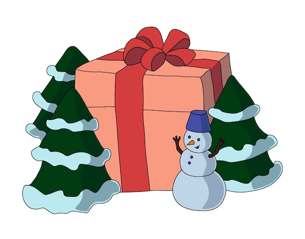 Gift box surrounded by three Christmas trees and a joyful snowman