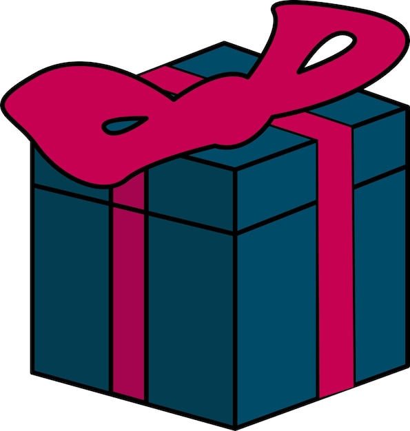 Подарочная коробка синего цвета, перевязанная розовой лентой.