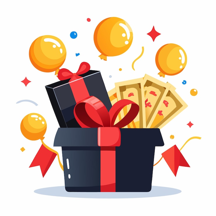 Vector gift box with balloons and confetti